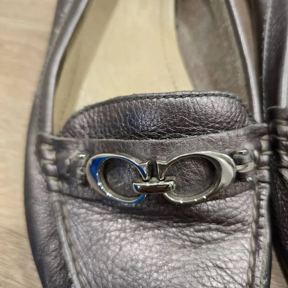 Coach Fortunata Loafers Women's 8.5M Metallic Silver Leather Pebble Grain Flats